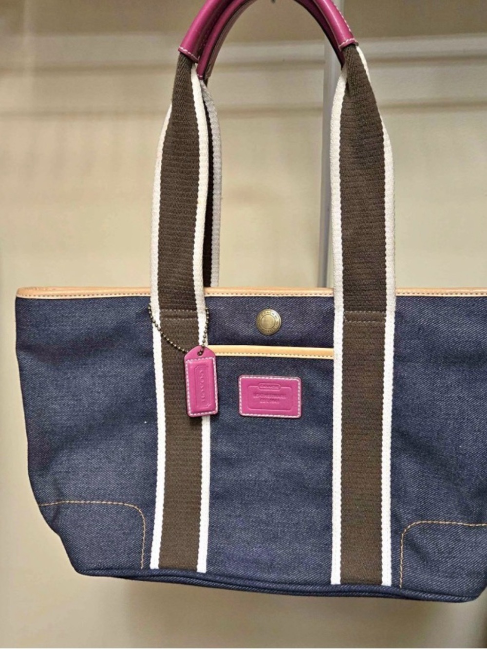 Coach Navy Canvas Tote with Pink Trim and Brown Straps